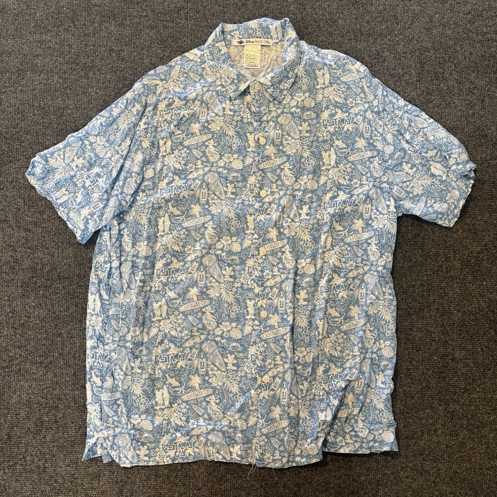 Disney Cruise Line Castaway Cay Hawaiian Shirt Large Blue White Rayon 100% Rayon